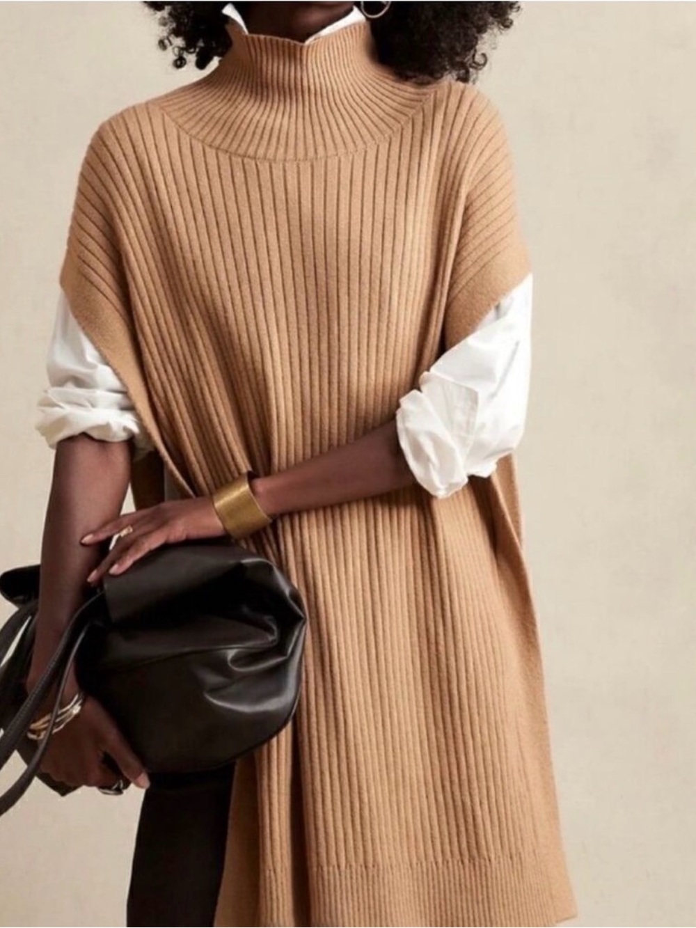 Banana‎ Republic Camel Ribbed Cowl Neck Poncho Open Side Womens Size M/L